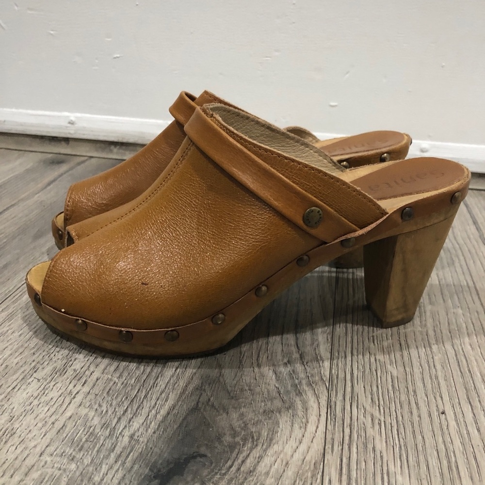 Sanita Leather Studded Wooden Heel Peep Open Toe Brown Heeled Clog Mules 39/8.5